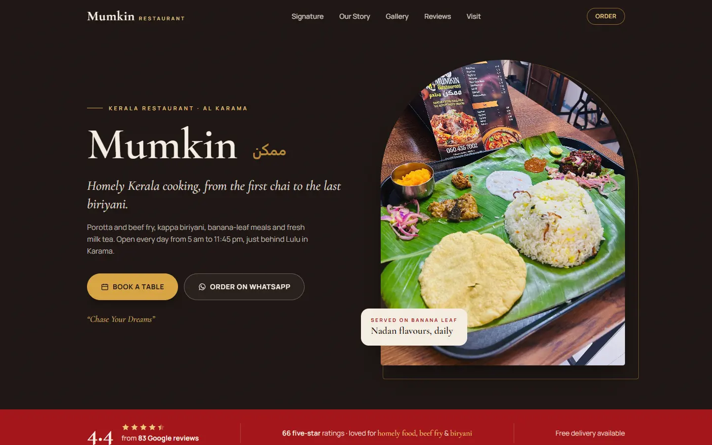 Homepage concept for Mumkin Restaurant, Dubai: a dark red-and-gold Kerala restaurant site with a banana-leaf meal photo